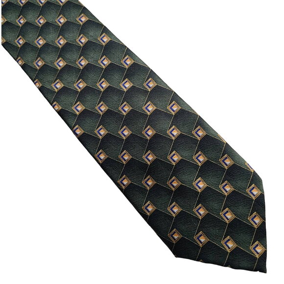 Jos A Bank green gold geometric pattern silk tie - 60" - Picture 1 of 6